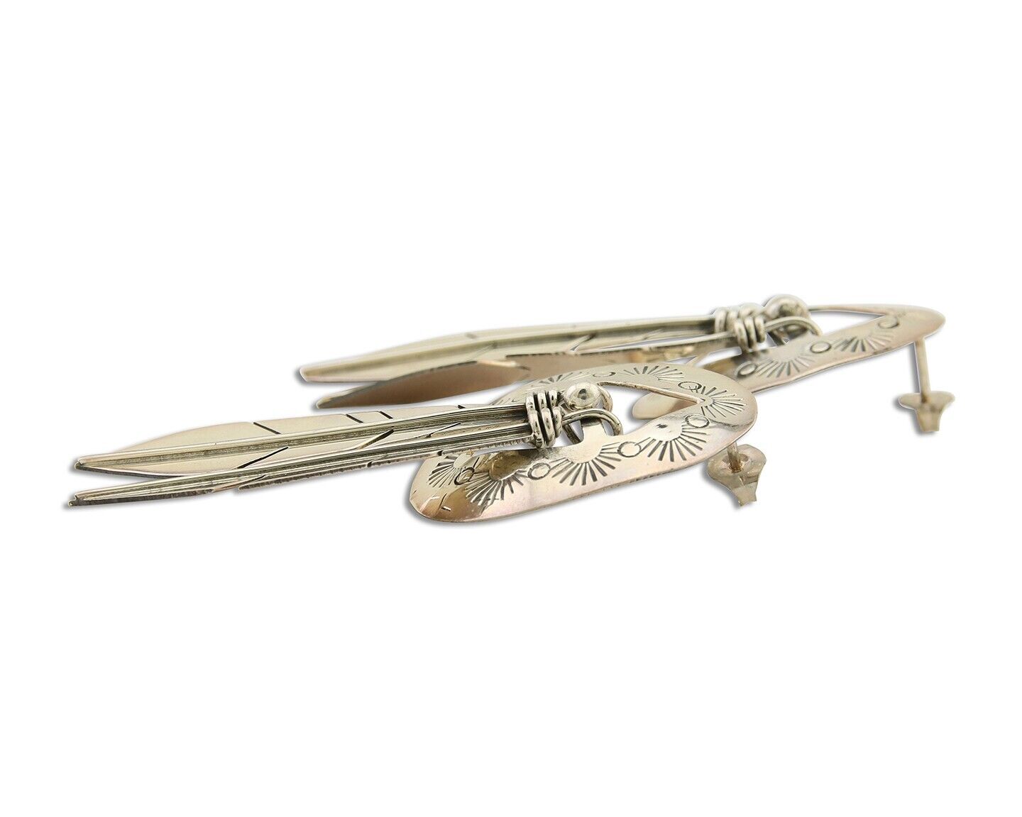 Navajo Feather Earrings 925 Silver Dangle Artist Signed DISHTA C.80's