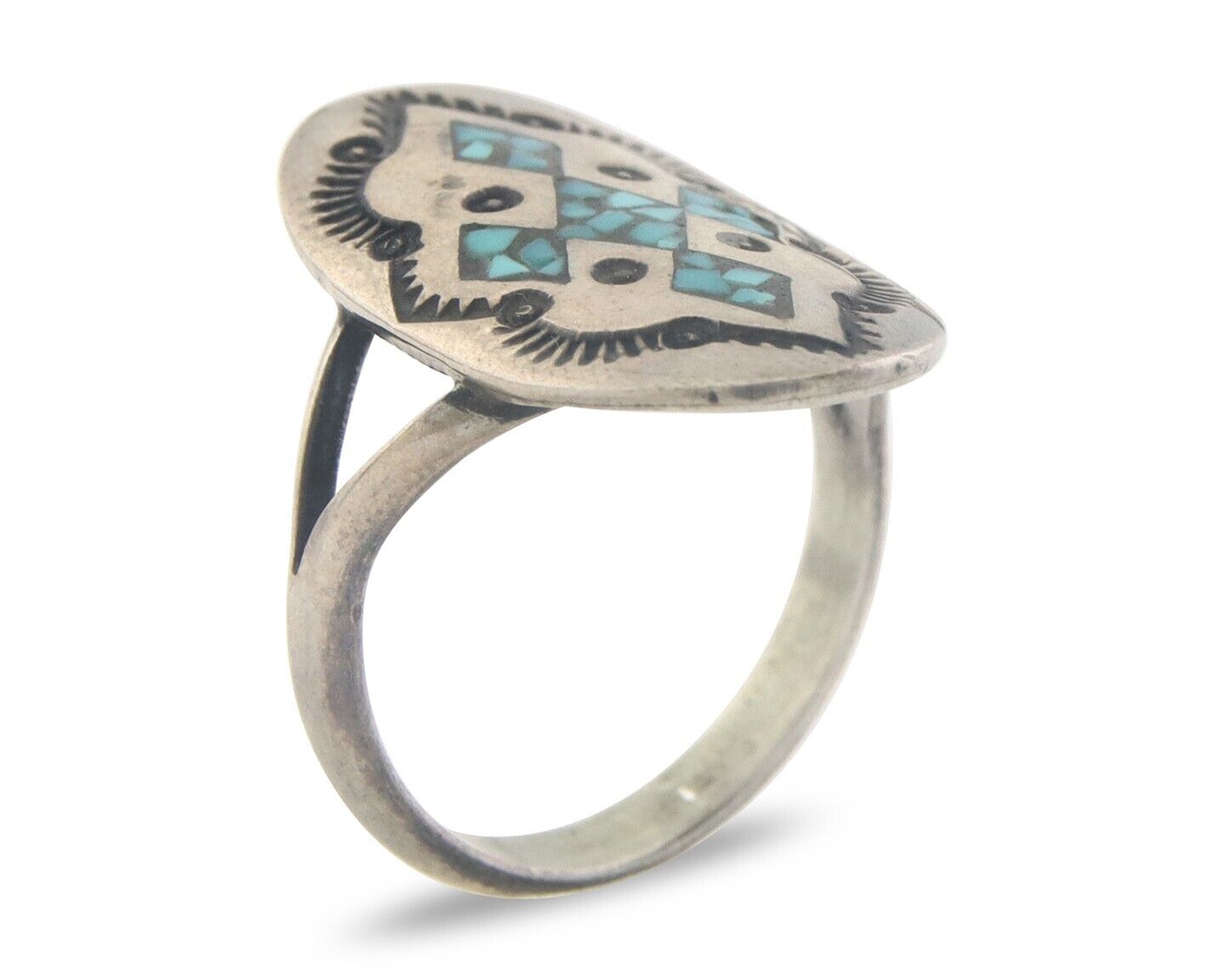 Navajo Ring 925 Sterling Natural Chip Inlay Turquoise C.80's Size 5.25