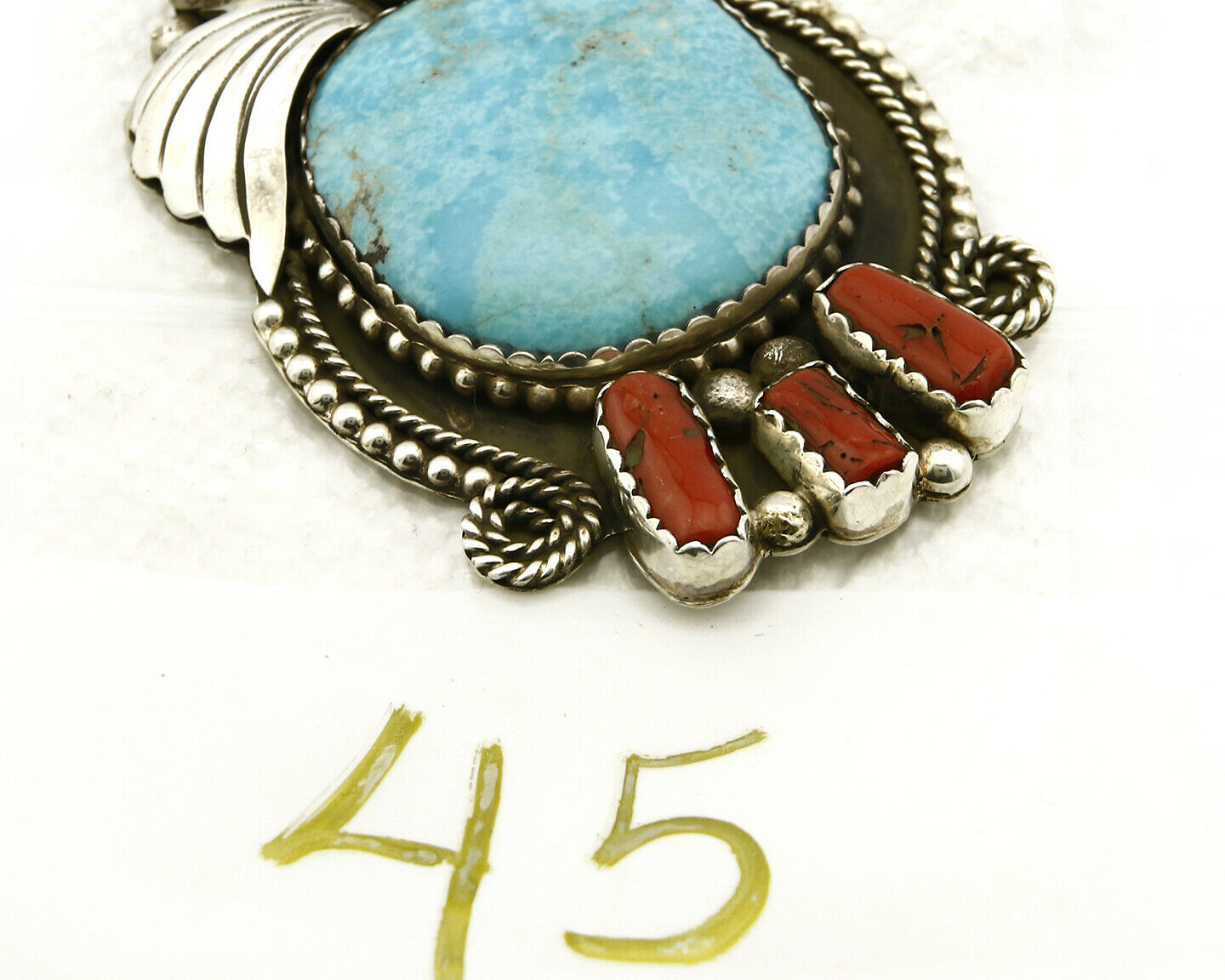 Navajo Natural Turquoise & Red Coral Pendant .925 Silver Signed Gomez C.2005