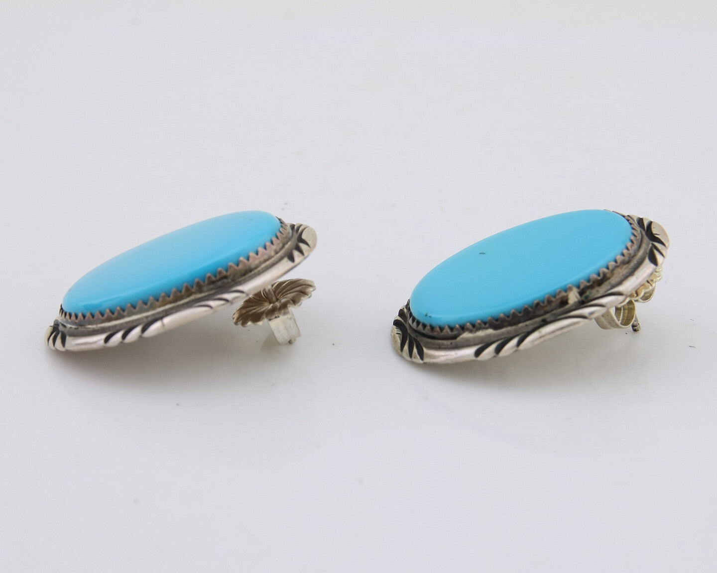 Navajo Earrings 925 Silver Blue Turquoise Artist Signed TALHAT C.80's