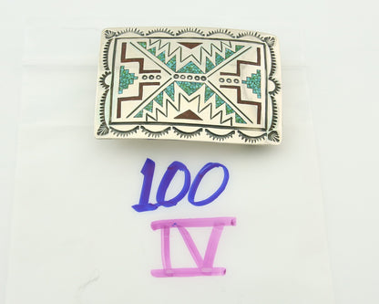 Vintage Navajo Belt Buckle 925 Silver Handmade Inlaid Gemstone Stanely Bain