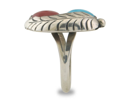 Navajo Ring 925 Sterling Natural Coral & Turquoise Signed BB C.80's Size 5.25