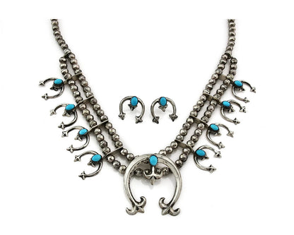 Navajo Squash Necklace Earring Set Sterling Silver Turquoise Vintage C.80's