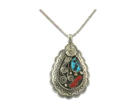 Vintage Navajo Necklace 925 Silver Turquoise & Coral Artist Signed JW TOM