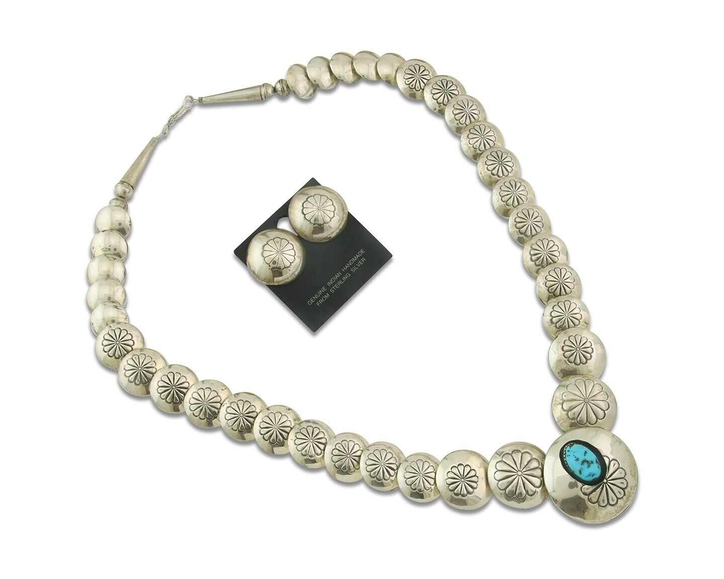 Vintage Navajo Bead Necklace 925 Siilver Turquoise Hand Stamped Native Artist