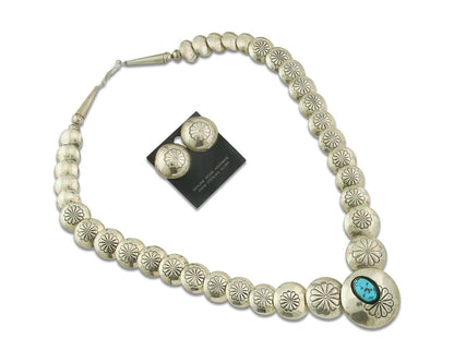 Vintage Navajo Bead Necklace 925 Siilver Turquoise Hand Stamped Native Artist
