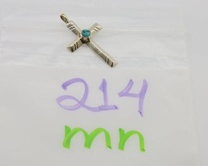 Navajo Sand Cast Cross Pendant 925 Silver Turquoise Artist Signed J Yazzie C.80s