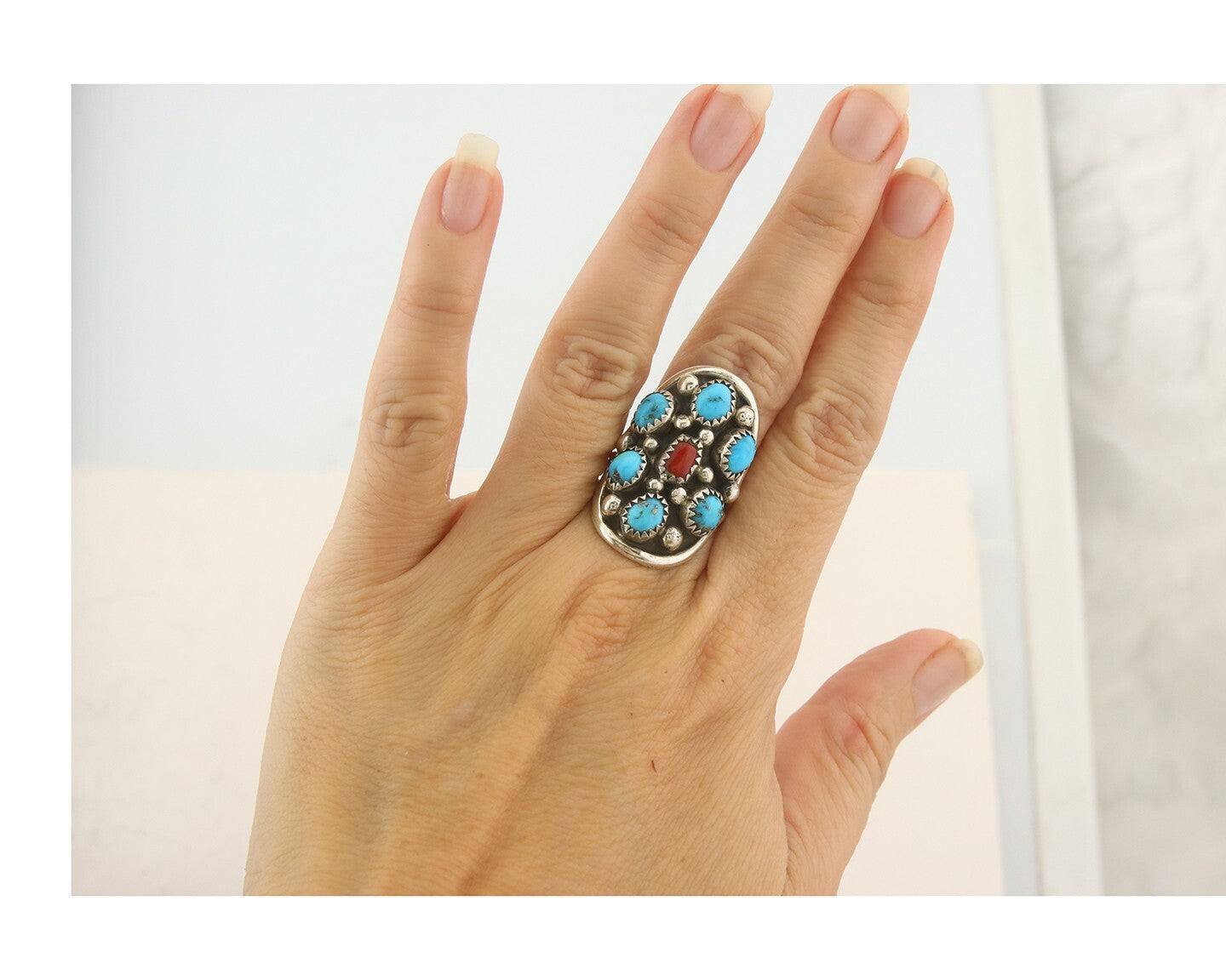 Navajo Ring 925 Sterling Natural Coral & Turquoise Signed EH C.80's Size 5.75