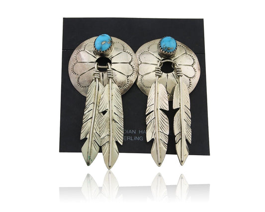 Navajo Dangle Earrings 925 Silver Natural Turquoise Native American Artist C80s