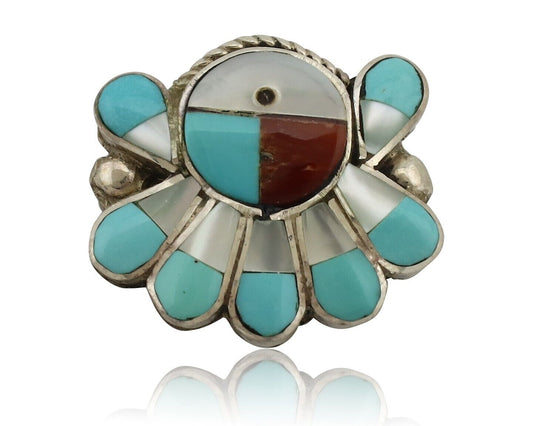 Zuni Pin Pendant .925 Silver Natural Gemstone Native American Artist C.80's