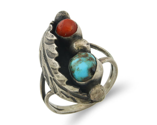 Vintage Navajo Ring 925 Sterling Silver Authentic Turquoise & Coral Size 4.75