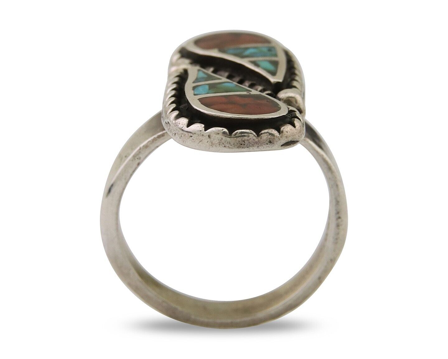 Navajo Ring 925 Silver Chip Inlay Turquoise & Coral Native Artist C.80's