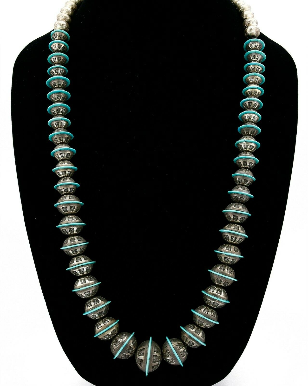 Navajo Hand Stamped .925 Silver Bead Inlaid Hand Cut Turquoise Necklace