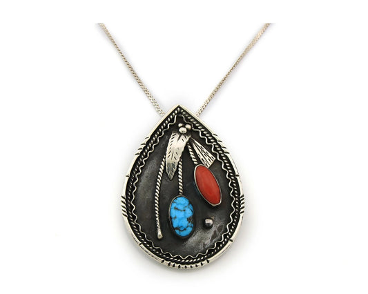 Navajo Necklace Sterling Silver Authentic Turquoise Coral Handmade Native Artist