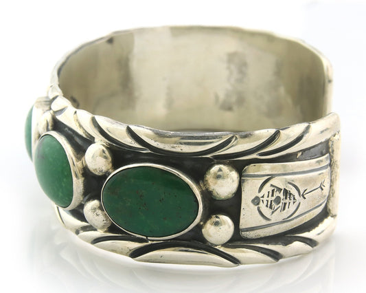 Men Navajo Bracelet Sterling Silver Natural Malachite Vintage Signed C Montoya