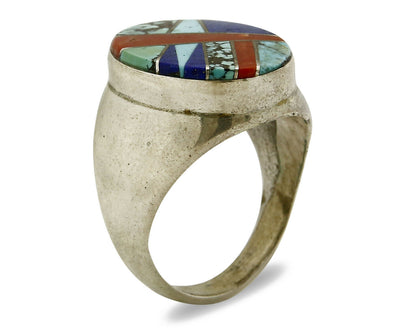 Navajo Ring .925 Sterling Silver Turquoise Coral Lapis Natural Gemstone Artist