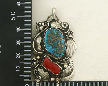Navajo Necklace 925 Silver Morenci Turquoise & Coral Signed Justin Morris