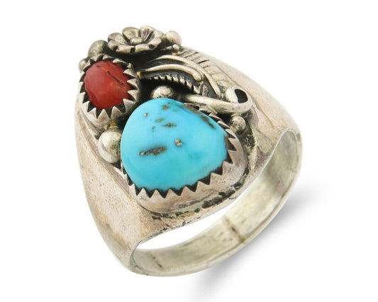 Navajo Ring 925 Sterling Turquoise & Coral Native Artist C.80's Size 6.5