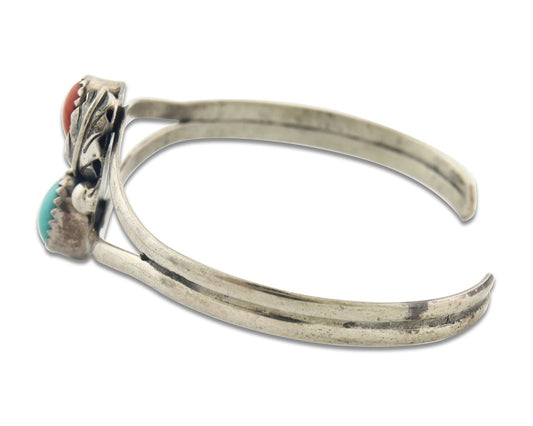 Vintage Navajo Bracelet 925 Silver Natural Red Coral Turquoise Handmade