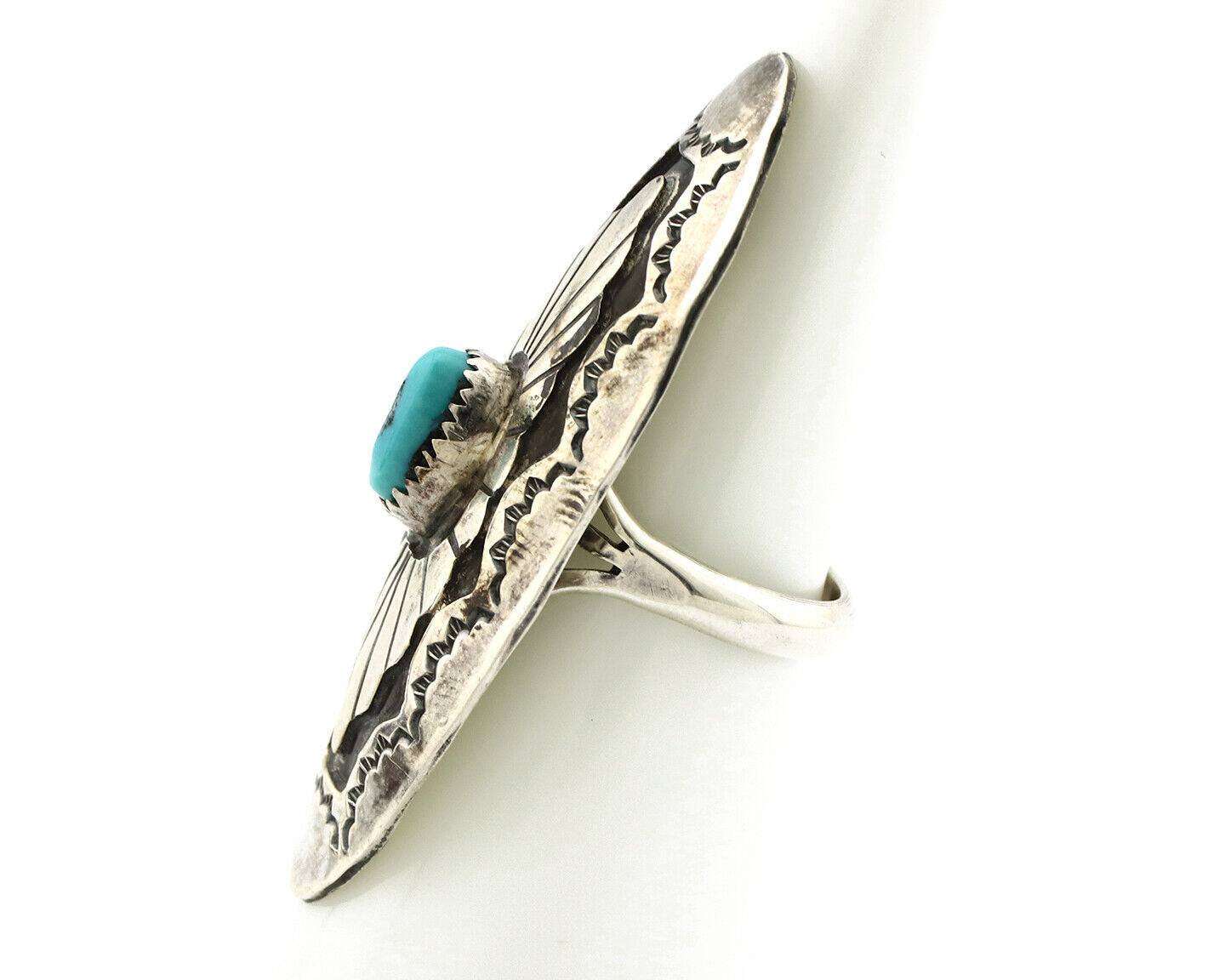 Navajo Shield Ring .925 Silver Blue Turquoise Hand Stamped Native Artist C.80's