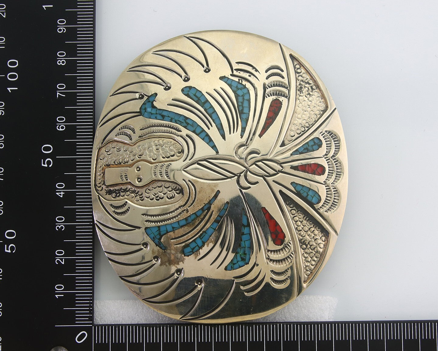 Navajo Belt Buckle .999 Nickel Buffalo Gemstone Signed Chee Keams 3x3.5 in C.80s