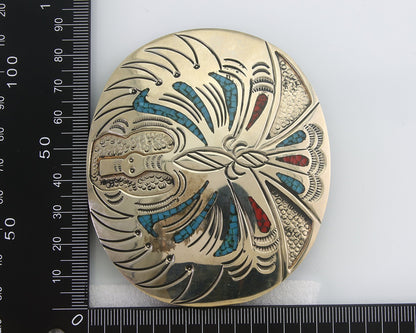 Navajo Belt Buckle .999 Nickel Buffalo Gemstone Signed Chee Keams 3x3.5 in C.80s