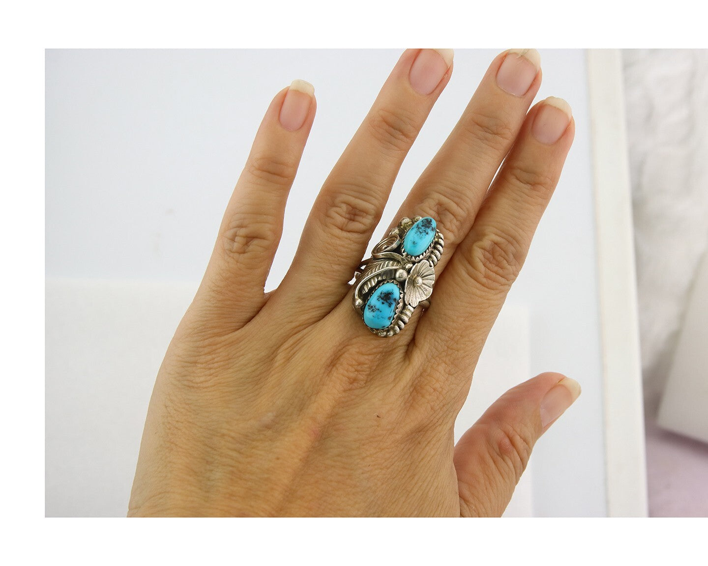 Vintage Navajo Ring Sterling Silver Authentic Turquoise Signed Max C Size 7.75