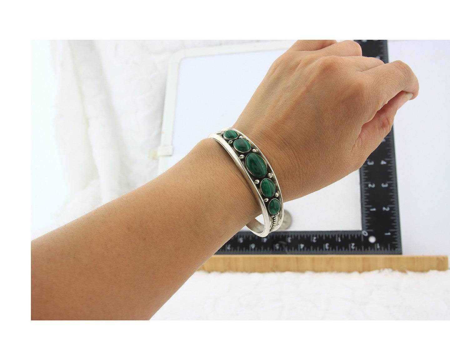 Navajo Cuff Bracelet Sterling Silver Natural Malachite Vintage Signed R Long Sr