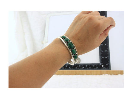 Navajo Cuff Bracelet Sterling Silver Natural Malachite Vintage Signed R Long Sr