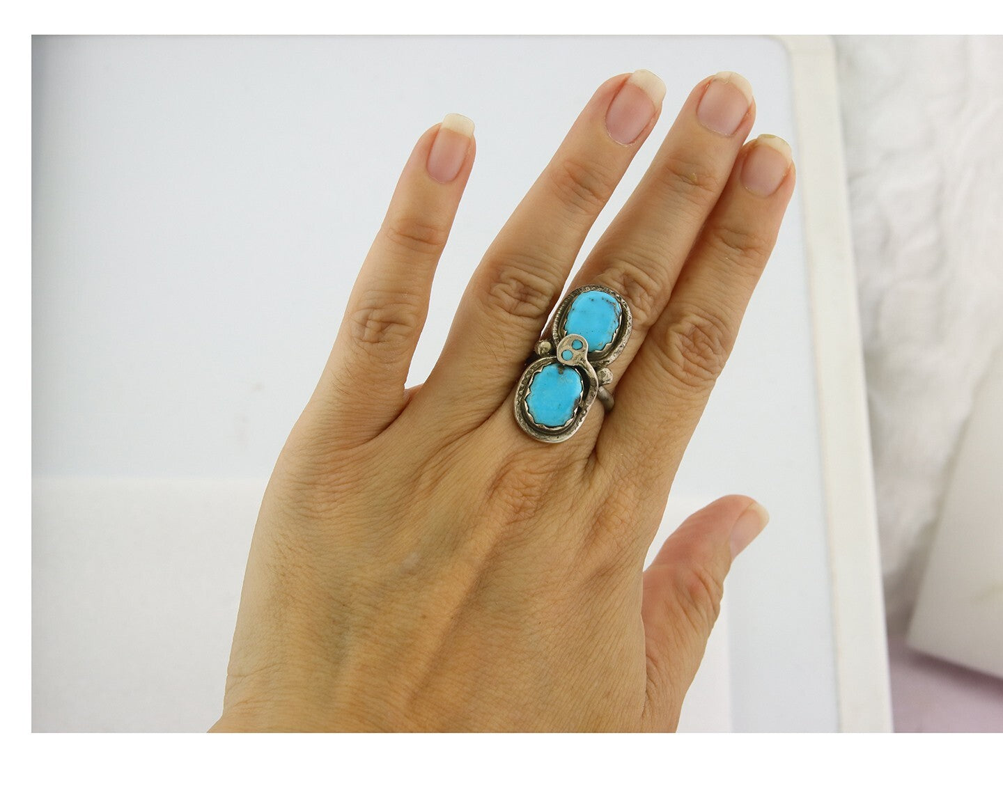 Vintage Zuni Ring 925 Sterling Silver Turquoise Signed Effie C Size 6.75