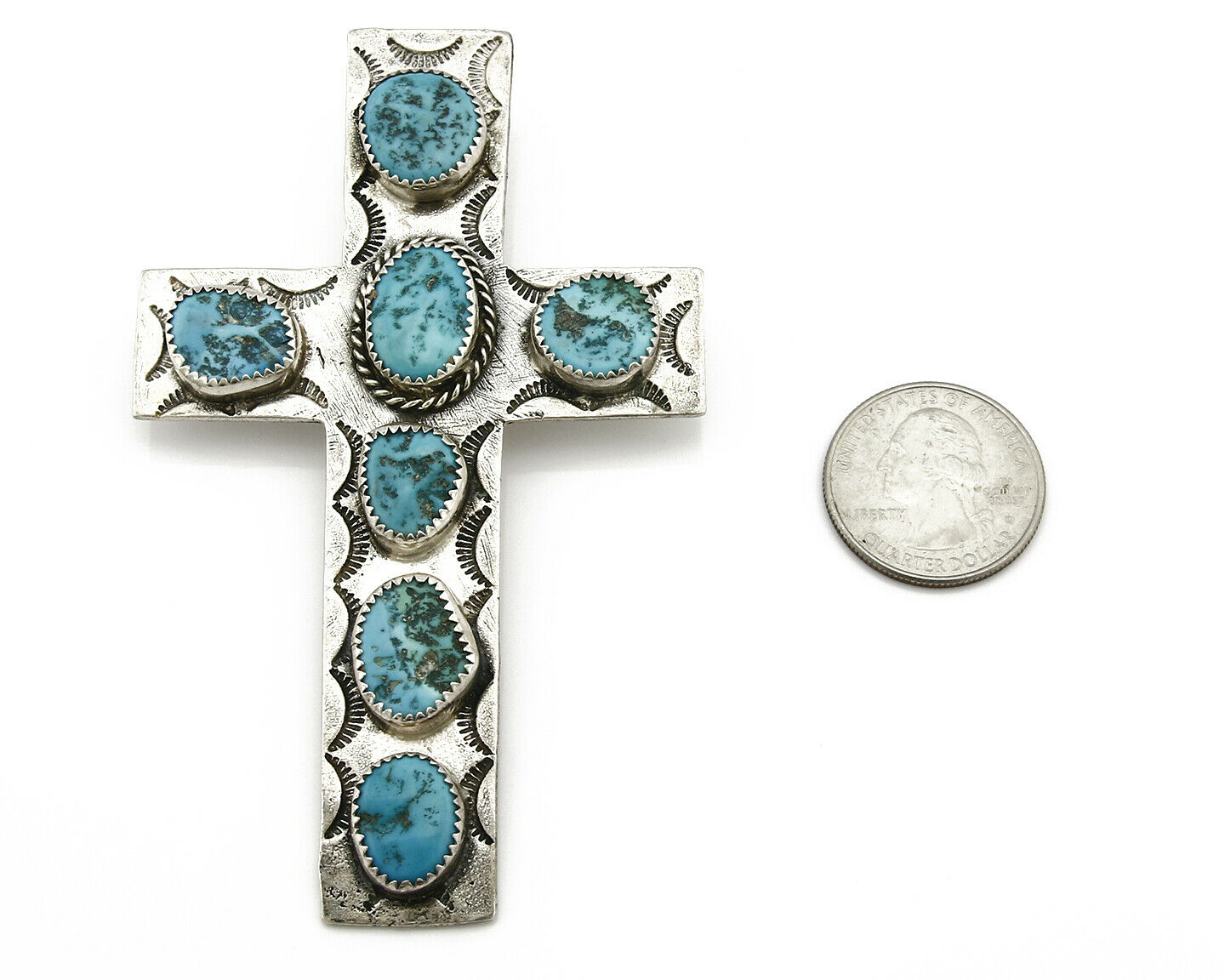 Navajo Cross Pendant .925 Silver Kingman Turquoise Artist C-E Circa 80's