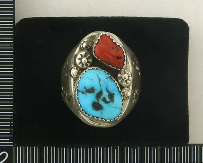 Men Heavy Navajo Ring 925 Sterling Natural Coral & Turquoise C.80's Size 11