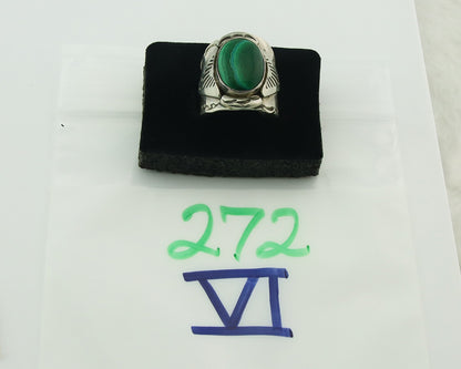 Vintage Navajo Ring 925 Sterling Silver Malachite Signed Juan Guerro Size 10.5