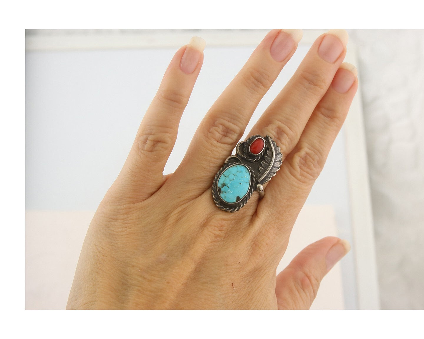 Navajo Ring 925 Sterling Natural Coral & Turquoise Native Artist C.80's Size 7.5