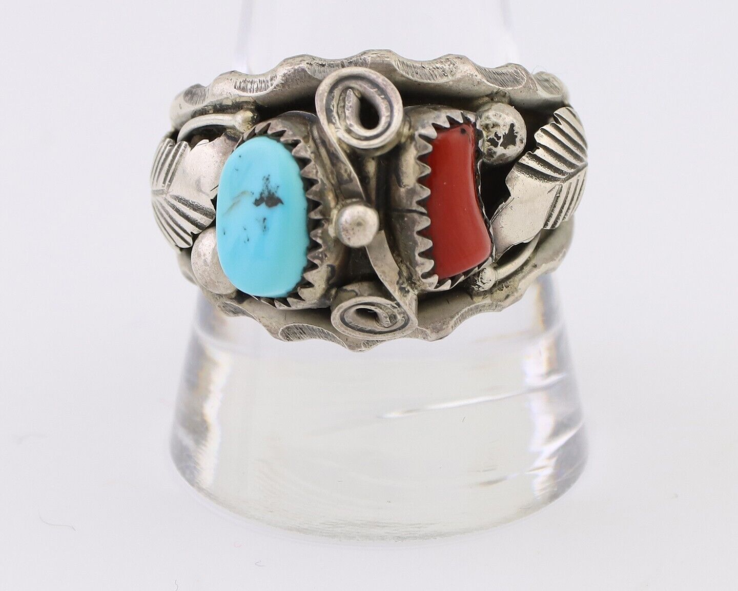 Navajo Ring 925 Silver Coral Turquoise Artist Signed Max Calabaza C.80's