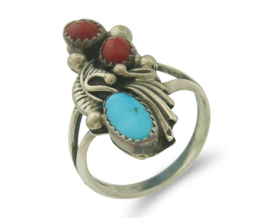 Vintage Navajo Ring 925 Sterling Natural Coral & Turquoise Native Artist Sz 8.0