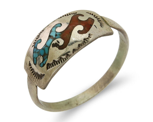 Men Navajo Wave Ring 925 Silver Coral & Turquoise Native Artist C.80's