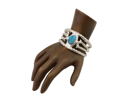 Navajo Sand Cast Cuff Bracelet 925 Silver Natural Turquoise Native Artist C.80's