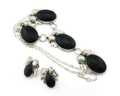 Navajo Necklace Earring Set Sterling Silver Onyx Vintage Signed NS
