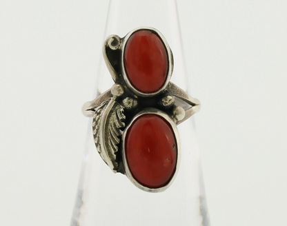 Navajo Ring 925 Silver Natural Mediterranean Coral Artist Signed A C.80's