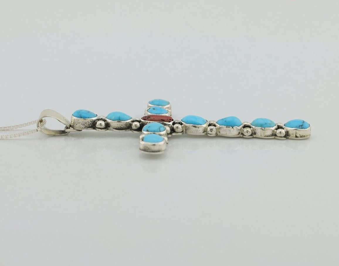 Navajo Cross Necklace 925 Silver Blue Turquoise Artist Signed JWJ C.80's