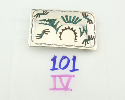 Vintage Navajo Belt Buckle 925 Silver Handmade Inlaid Gemstone Signed HB