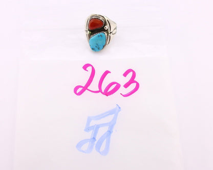 Navajo Ring 925 Silver Sleeping Beauty Turquoise & Coral Native Artist C.80s