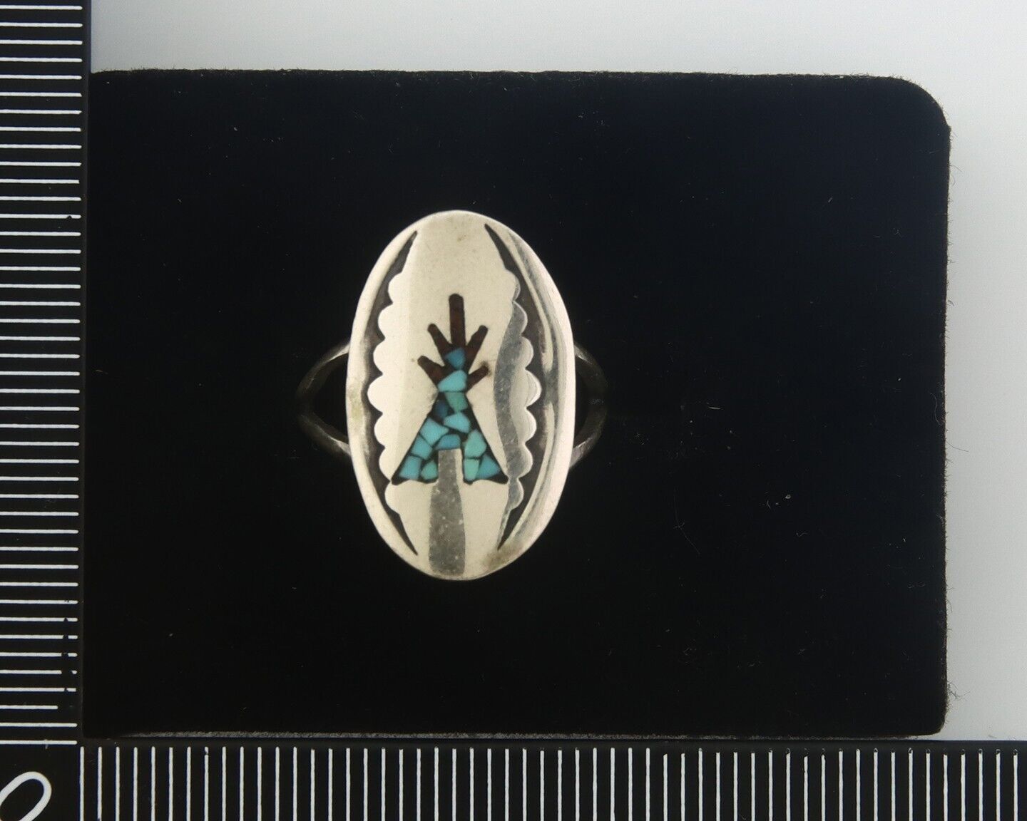 Navajo Ring 925 Sterling Natural Chip Inlay Coral & Turquoise C.80's Size 5.0