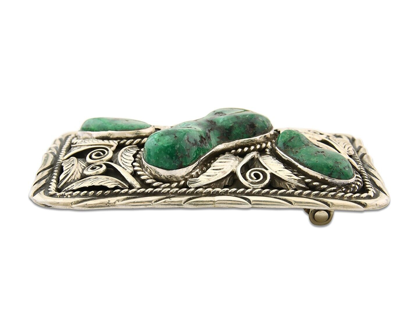 Navajo Belt Buckle 925 Silver Natural Green Slab Turquoise Signed C Montoya C80s