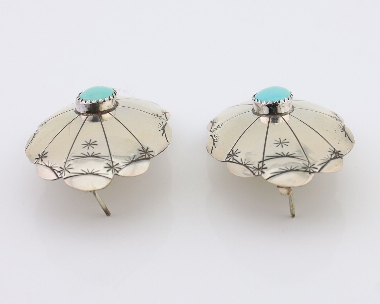 Navajo Hand Stamped Shield Earrings 925 Silver Turquoise Native Artist C.80's