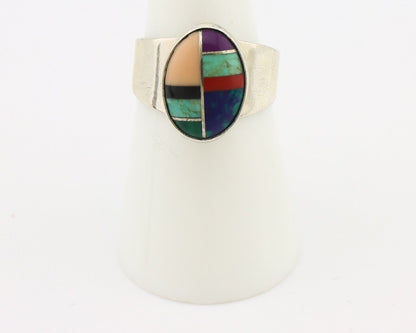 Zuni Inlaid Ring 925 Silver Mixed Natural Gemstones Native American Artist C.80s