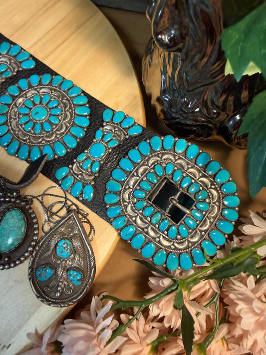 HUGE STATEMENT ZUNI Southwestern Blue Turquoise Sterling Silver Handmade Concho Belt Signed Jack Weekoty