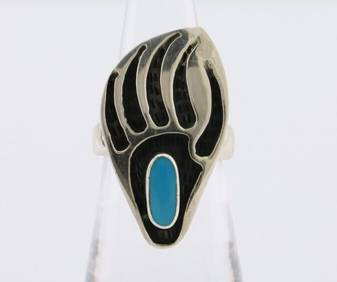 Navajo Badger Paw Ring 925 Silver Turquoise Native American Artist C.80's