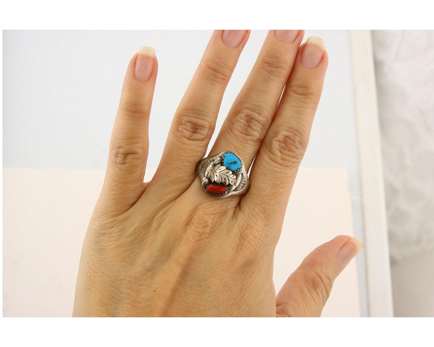 Navajo Ring 925 Sterling Turquoise & Coral Native Artist C.80's Size 10